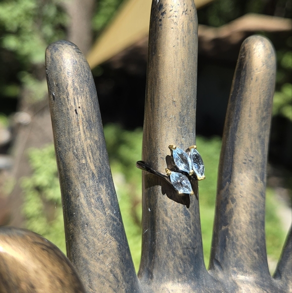 Blue Topaz Natural Gemstone Sterling Rhodium & Gold Ring Sz7 - Picture 4 of 8